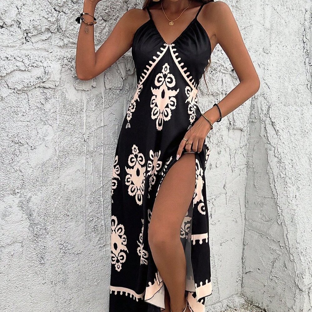 Black Boho Women's Floral Print Split Thigh Cami Dress